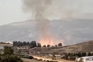 Fire from Hezbollah rocket barrage in Kiryat Shmona, northern Israel, July 13, 2024. (Photo: Screenshot)