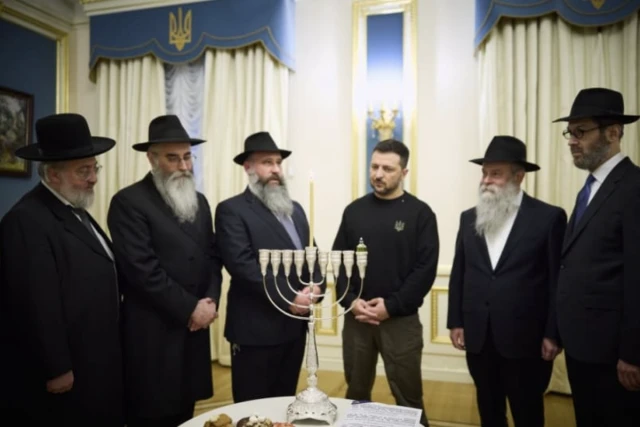 Ukrainian President Volodymyr Zelenskyy with Ukrainian rabbis on the first night of Hanukkah. December 25, 2024. (Photo: Ukrainian Presidential Press Service)