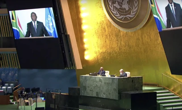South Africa's President Matamela Cyril Ramaphosa addresses the opening ceremony of the Durban conference, as part of the UN General Assembly 76th session, Sept. 22, 2021. (Photo: screenshot)