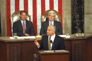 Israeli Prime Minister Benjamin Netanyahu addressing a joint session of the US Congress, July 10, 1996. (Photo: Yaacov Saar/GPO)