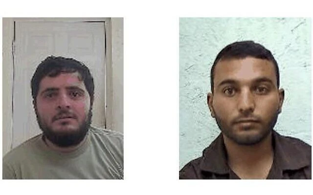 Members of a Hamas cell, Aslam Tubasi (right) and Anas Maraeva (left), arrested by Israeli security forces in the West Bank in October 2022. (Shin Bet)