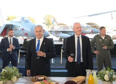 Israeli Prime Minister Benjamin Netanyahu and Defense Minister Yoav Gallant at a pre-Passover event at an air force base on April 3, 2023. (Photo: Amos Ben Gershom/GPO)