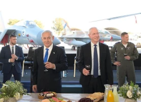 Israeli Prime Minister Benjamin Netanyahu and Defense Minister Yoav Gallant at a pre-Passover event at an air force base on April 3, 2023. (Photo: Amos Ben Gershom/GPO)