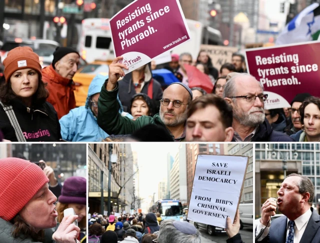 Progressive Jews protest the Israeli government’s policies outside the Israeli consulate in New York, Feb. 21, 2023 (Photo: Gili Getz/Twitter)