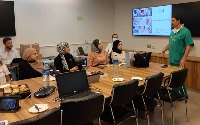Palestinian healthcare workers are trained in remote care for pregnant women at Sheba Medical Center in this undated photo (Courtesy)