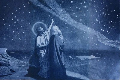 Antique lithograph depicting the promise to Abraham, with a representation of Jesus in the scene. Copyright (c) 2007 Renata Sedmakova/Shutterstock.