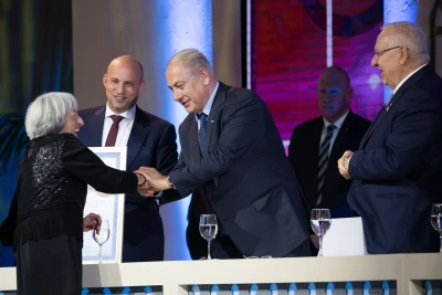 Prime Minister Benjamin Netanyahu with Israel Prize winner Ágnes Keleti during the Israel prize ceremony at the International Conference Center (ICC) in Jerusalem on May 2, 2017. Photo by Yonatan Sindel/Flash90