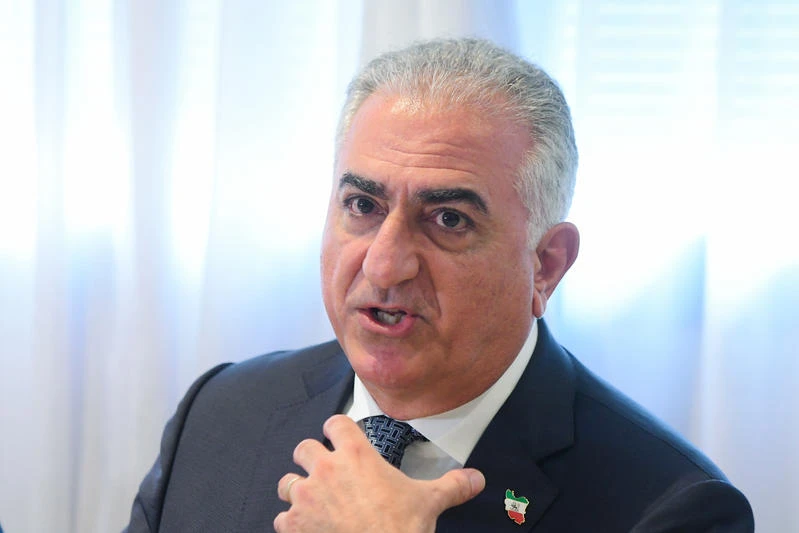 Reza Pahlavi, founder and leader of the self-styled National Council of Iran, an exiled opposition group and Minister for Intelligence Gila Gamliel hold a press conference in Tel Aviv on April 19, 2023. Photo by Avshalom Sassoni/Flash90