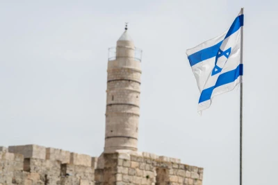 The Israeli flag is hung all over city centre Jerusalem, ahead of Israel's Independence Day. April 23, 2023. Photo by Arie Leib Abrams/FLASH90
