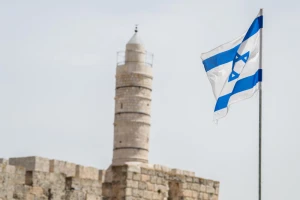 The Israeli flag is hung all over city centre Jerusalem, ahead of Israel's Independence Day. April 23, 2023. Photo by Arie Leib Abrams/FLASH90