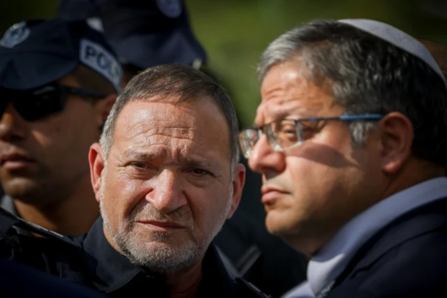 Chief of police Kobi Shabtai with Israeli Minister of National Security Itamar Ben Gvir at the scene of a terror attack in the Jewish settlement of Ma’aleh Adumim, outside of Jerusalem, August 1, 2023 (Photo: Chaim Goldberg/Flash90).