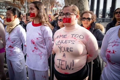 Illustrative: Demonstrators gather during a protest the crimes and sexual violence against women in October 7 massacre, outside of United Nations headquarters in New York City, on December 4, 2023. Photo by Yakov Binyamin/Flash90