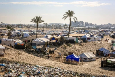 Displaced Palestinians pitch their tents next to the Egyptian border with the city of Rafah in the southern Gaza Strip. One million and 300 people fled from Beit Lahia, Jabalia, Gaza City, and the city of Khan Yunis to the city of Rafah, on March 8, 2024. Photo by Abed Rahim Khatib/Flash90