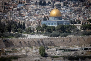 View of the Dome of the Rock and the Temple Mount in Jerusalem's Old City, as it seen from the Mount of Olives observatory, on March 12, 2024. Photo by Chaim Goldberg/Flash90