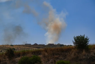View of a large fire caused from rockets fired from Lebanon, outside Kibbutz Malkia, on the Israeli border with Lebanon, May 26, 2024 (Photo: Ayal Margolin/Flash90).