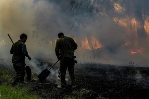 Members of an emergency squad try to extinguish a forest fire caused from rockets fired from Lebanon, near the northern Israeli town of Kiryat Shmona, June 4, 2024 (Photo: Ayal Margolin/Flash90).
