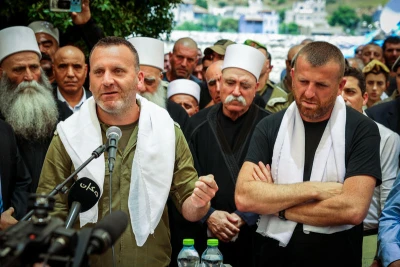 Family and friends of Israeli soldier Major Jalaa Ibrahem attend his funeral service in the Druze village of Sajur, on July 8, 2024, he was killed during a ground operation in the Gaza Strip. Photo by David Cohen/Flash90