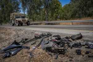 The remains of the vehicle hit by a missile fired from Lebanon that killed Noa and Nir Baranes near Nafah Junction, in the Golan Heights, July 10, 2024 (Photo: Ayal Margolin/Flash90).