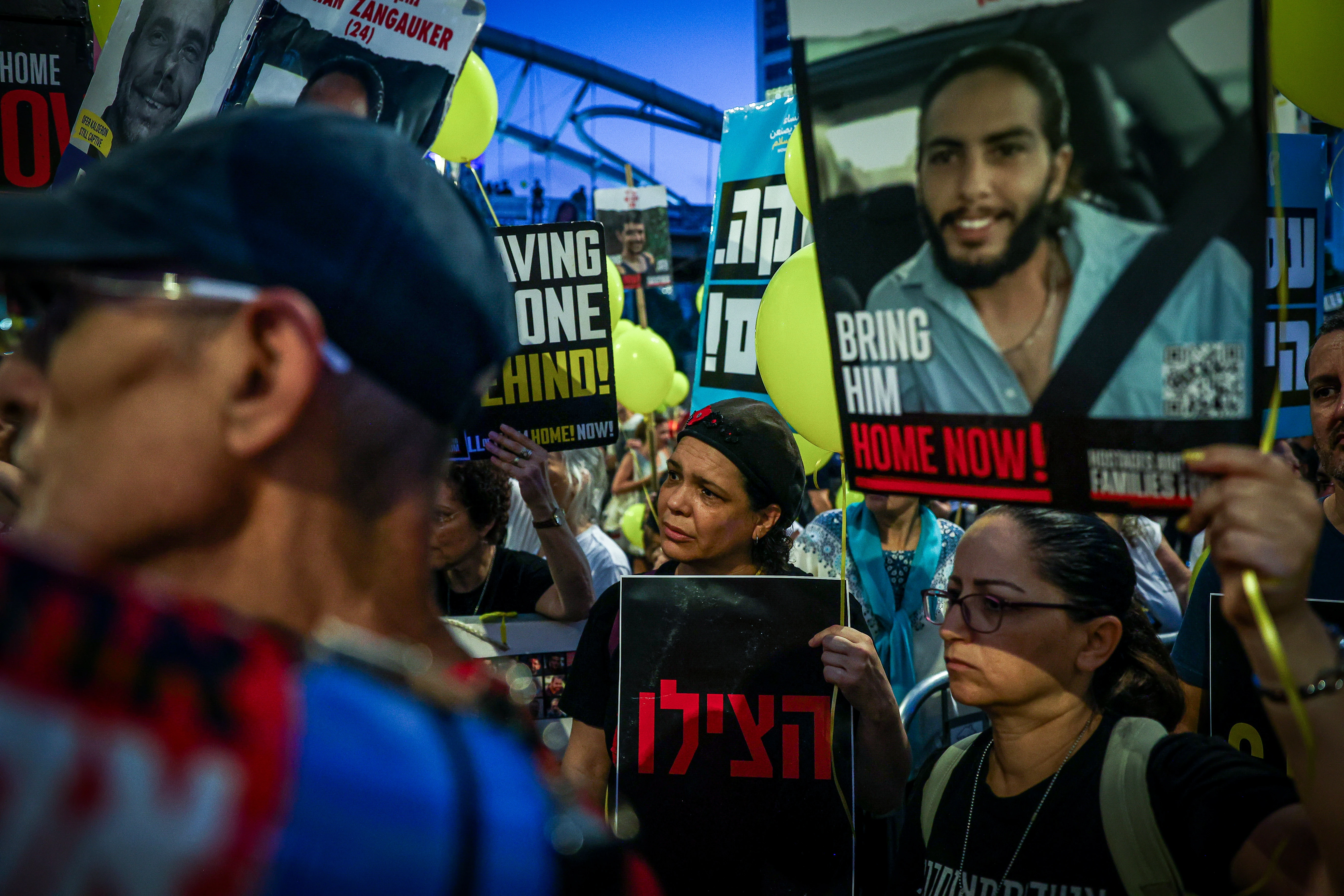 Relatives of Israelis held hostage by Hamas terrorists in Gaza and supporters protest march for the release of Israelis held kidnapped by Hamas terrorists in Gaza and to mark the 20th birthday of Israeli hostage Nimrod Cohen, outside Hakirya Base in Tel Aviv, July 15, 2024. Photo by Itai Ron/Flash90