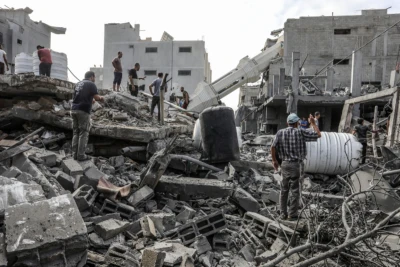 Palestinians inspect the Abdullah Azzam Mosque after an Israeli air strike, in the Nuseirat camp in the central Gaza Strip, on July 17, 2024 (Photo: Abed Rahim Khatib/Flash90).