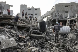 Palestinians inspect the Abdullah Azzam Mosque after an Israeli air strike, in the Nuseirat camp in the central Gaza Strip, on July 17, 2024 (Photo: Abed Rahim Khatib/Flash90).