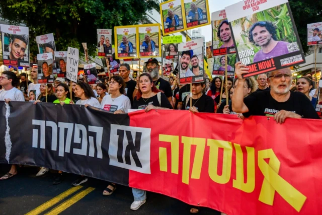 Relatives of Israelis held hostage by Hamas terrorists in Gaza and supporters protest march calling for the release of Israeli hostages held in the Gaza Strip in Tel Aviv, ahead of the speech of Israeli Prime Minister Benjamin Netanyahu at the US Congress, July 24, 2024 (Photo: Avshalom Sassoni/Flash90).