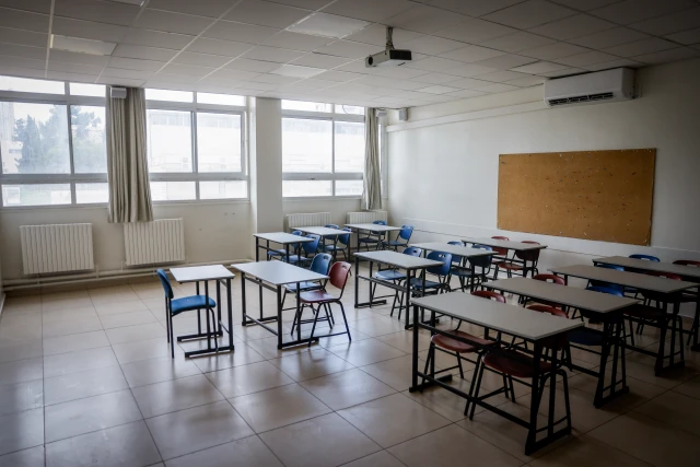 View of an empty classroom at a school in Jerusalem, during a strike, on September 1, 2024. Photo by Chaim Goldberg/Flash90