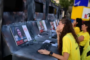 An installation of burned command post with five observer stations to raise awareness of Israeli observation soldiers held hostage in the Gaza Strip, at Hostages Square in Tel Aviv, October 15, 2024. Photo by Tomer Neuberg/Flash90