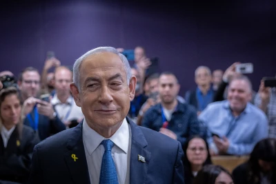 Israeli Prime Minister Benjamin Netanyahu arrives to the courtroom at the Distrcit court in Tel Aviv, before the start of his testimony in the trial against him, December 10, 2024. Photo by Chaim Goldberg/Flash90