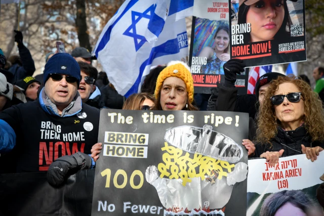 A protest march organized by the Hostages and Missing Families Forum, calling for the release of the Israeli hostages held by Hamas terrorist in Gaza, seen marching through Central Park in New York City, USA. December 15, 2024. Photo by Israel Hadari/Flash90