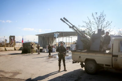 The Russian Hmeimim base and airport in the Jableh area in the Latakia countryside, where the base is considered the largest base for Russian forces in Syria, and Syrian forces are present around the base and at its gate, as the base witnesses the entry of Russian military convoys withdrawing from various Syrian regions, on December 31, 2024. Photo by Asaad Syria/ Flash90