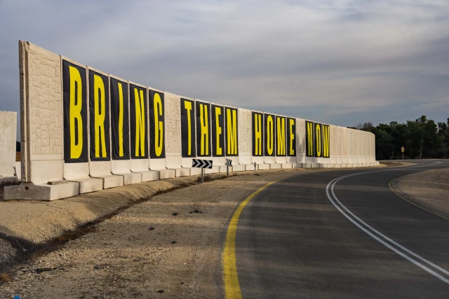 A sign calling for the release of Israelis held hostage in the Gaza Strip near the Israeli border with the Gaza Strip, on January 4, 2025. Photo by Erik Marmor/Flash90