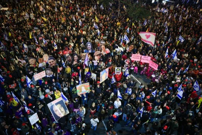 Demonstrators protest calling for the release of Israeli hostages held in the Gaza Strip outside Hakirya Base in Tel Aviv, January 4, 2025. Photo by Itai Ron/Flash90