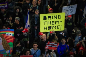 Demonstrators protest against the Israeli government and for the release of Israelis held hostage in the Gaza Stripc outside Hakirya Base in Tel Aviv, January 11, 2025. Photo by Itai Ron/Flash90