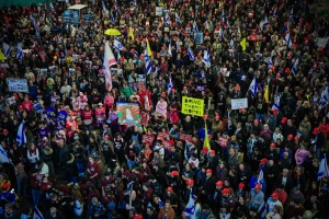 Demonstrators protest against the Israeli government and for the release of Israelis held hostage in the Gaza Stripc outside Hakirya Base in Tel Aviv, January 11, 2025. Photo by Itai Ron/Flash90