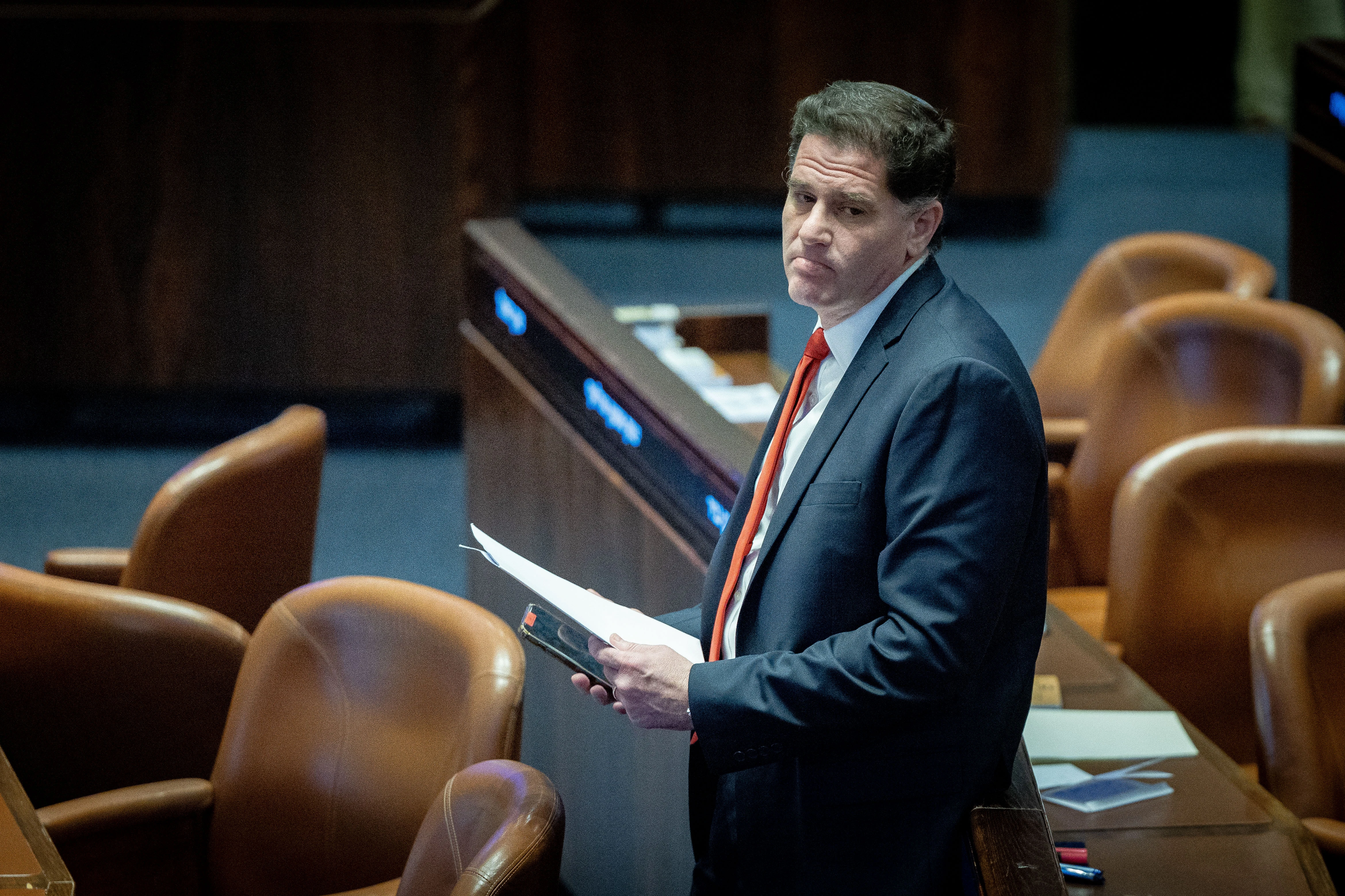 Minister of Strategic Affairs Ron Dermer attends a plenum session at the assembly hall of the Knesset, the Israeli parliament in Jerusalem, on January 22, 2025. Photo by Yonatan Sindel/Flash90