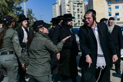 Ultra orthodox Jews protest against the drafting of ultra orthodox jews to the Israeli army, outside the IDF Recruitment Center at Tel Hashomer, in central Israel, January 29, 2025. Photo by Tomer Neuberg/Flash90