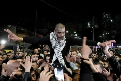 A crowd greets Zakaria Zubeidi who were released in a hostage deal between Israel and Hamas as he arrives to the West Bank city of Ramallah, January 30, 2025. Photo by Flash90