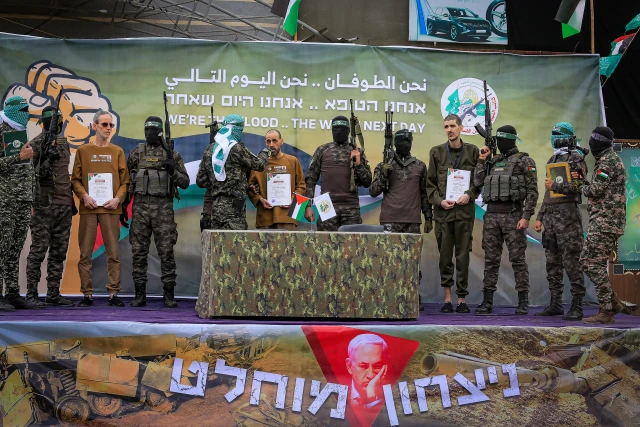 Hamas hands over Israeli hostages to the Red Cross, as part of the ceasefire agreement between Israel and Hamas, in Deir al Balah, February 8, 2025. Photo by Ali Hassan/Flash90
