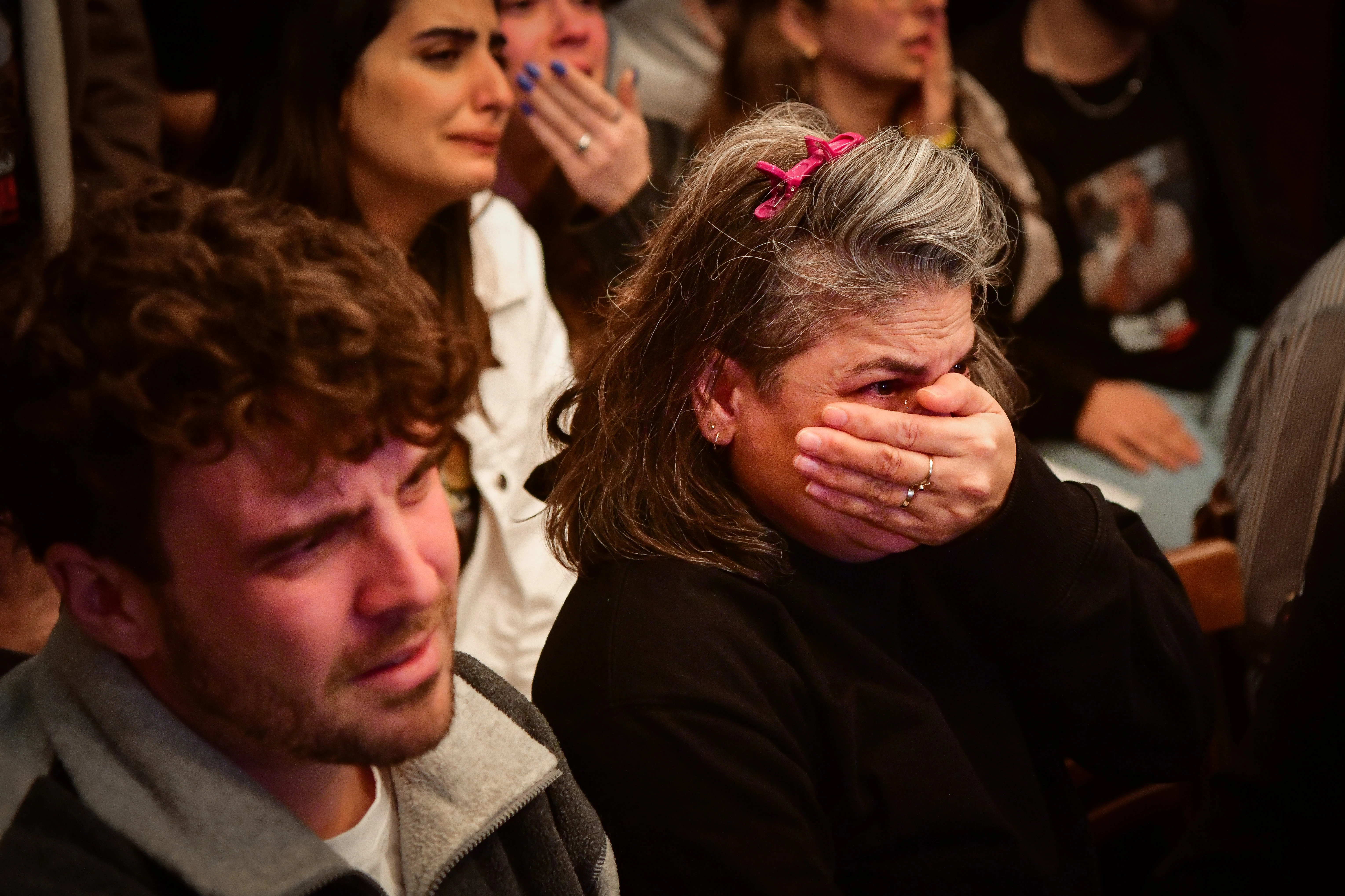 Family and friends of Israeli hostage Ohad Ben Ami gather to witness his release from Hamas, only to be shocked by his extreme emaciation after months in captivity. Tel Aviv, February 8, 2025.
Photo by Avshalom Sassoni/Flash90.