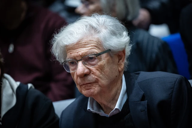 Former President of the Supreme Court Aharon Barak attends the swearing in ceremony of Justice Isaac Amit as president of the Supreme Court, at the president residence in Jerusalem, February 13, 2025. Photo by Yonatan Sindel/Flash90