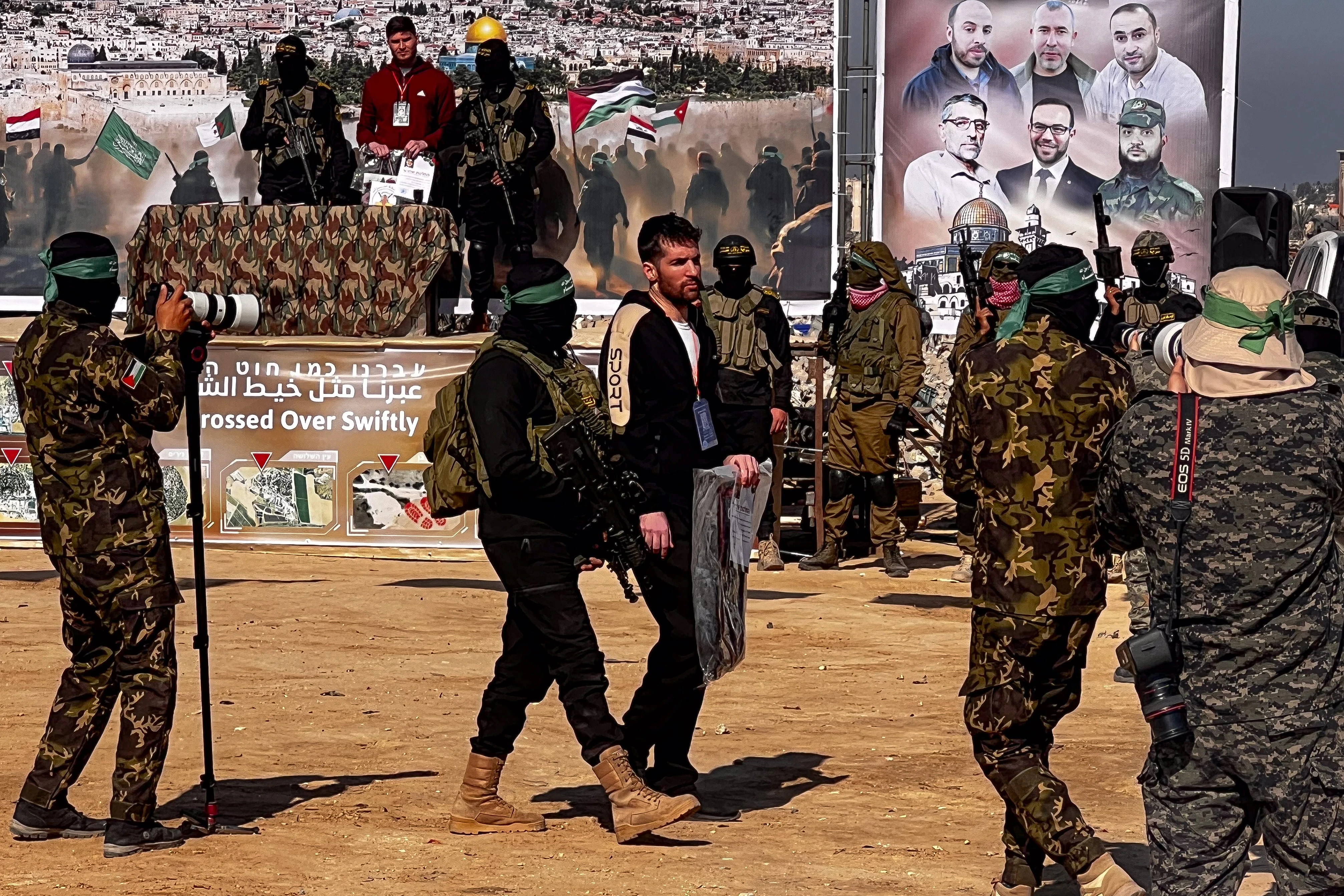 Al-Qassam Brigades hand over Dekel-Chen and other Israeli hostages to the Red Cross, as part of the ceasefire agreement between Israel and Hamas, in Khan Younis, February 15, 2025. Photo by Abed Rahim Khatib/Flash90