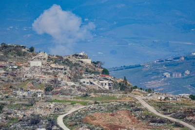 Smoke rises from a village in southern Lebanon, as it seen from the Israeli side of the border, on February 16, 2025. Photo by Ayal Margolin/Flash90