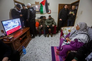 Family members of Palestinian prisoner Abdel Nasser Atallah, who was deported abroad after being released in a hostage deal between Israel and Hamas, celebrate in Balata camp, near the West Bank city of Nablus, February 22, 2025. Photo by Nasser Ishtayeh/Flash90