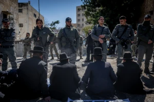 Ultra orthodox Jews protest against the drafting of ultra orthodox jews outside an IDF Recruitment Center in Jeursalem, February 25, 2025. Photo by Chaim Goldberg/Flash90