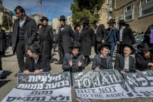 Ultra orthodox Jews protest against the drafting of ultra orthodox jews outside an IDF Recruitment Center in Jeursalem, February 25, 2025. Photo by Chaim Goldberg/Flash90