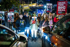 Demonstrators protest for the release of Israelis held hostage in the Gaza Strip, outside Hakirya Base in Tel Aviv, February 26, 2025. Photo by Erik Marmor/Flash90