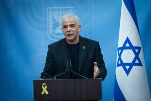 Head of opposition and head of the Yesh Atid party MK Yair Lapid leads a faction meeting at the Knesset, the Israeli parliament in Jerusalem, on March 31, 2025. Photo by Yonatan Sindel/Flash90
