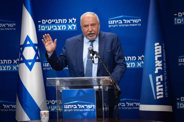 Yisrael Beiteinu party chairman MK Avigdor Lieberman leads a faction meeting at the Knesset, the Israeli parliament in Jerusalem, on May 5, 2025. Photo by Yonatan Sindel/Flash90