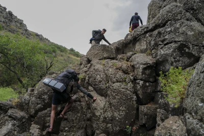 Hundreds of Israeli famiies hike the Jilabun Nature Reserve towards the Dvora waterfall , near Moshava Kidmat Zvi, Golan Heights, April 14, 2025. Photo by Michael Giladi/Flash90